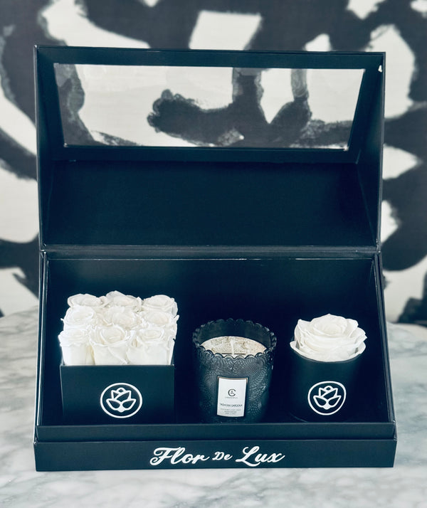 The Perfect Package - White Preserved Roses & Candle