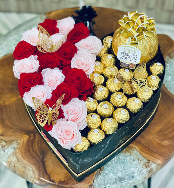 XL Heart Gift Box - Preserved Roses & Ferrero Combo - Flor De Lux