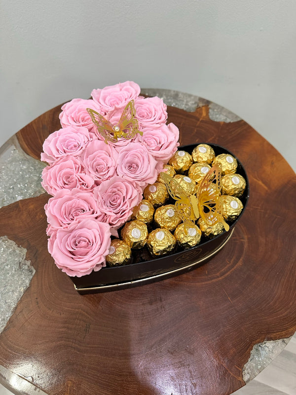 Small Heart Gift Box - Preserved Roses & Ferrero Combo