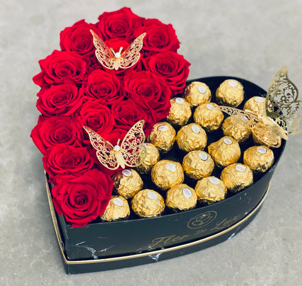 Large Heart Gift Box - Preserved Roses & Ferrero Combo