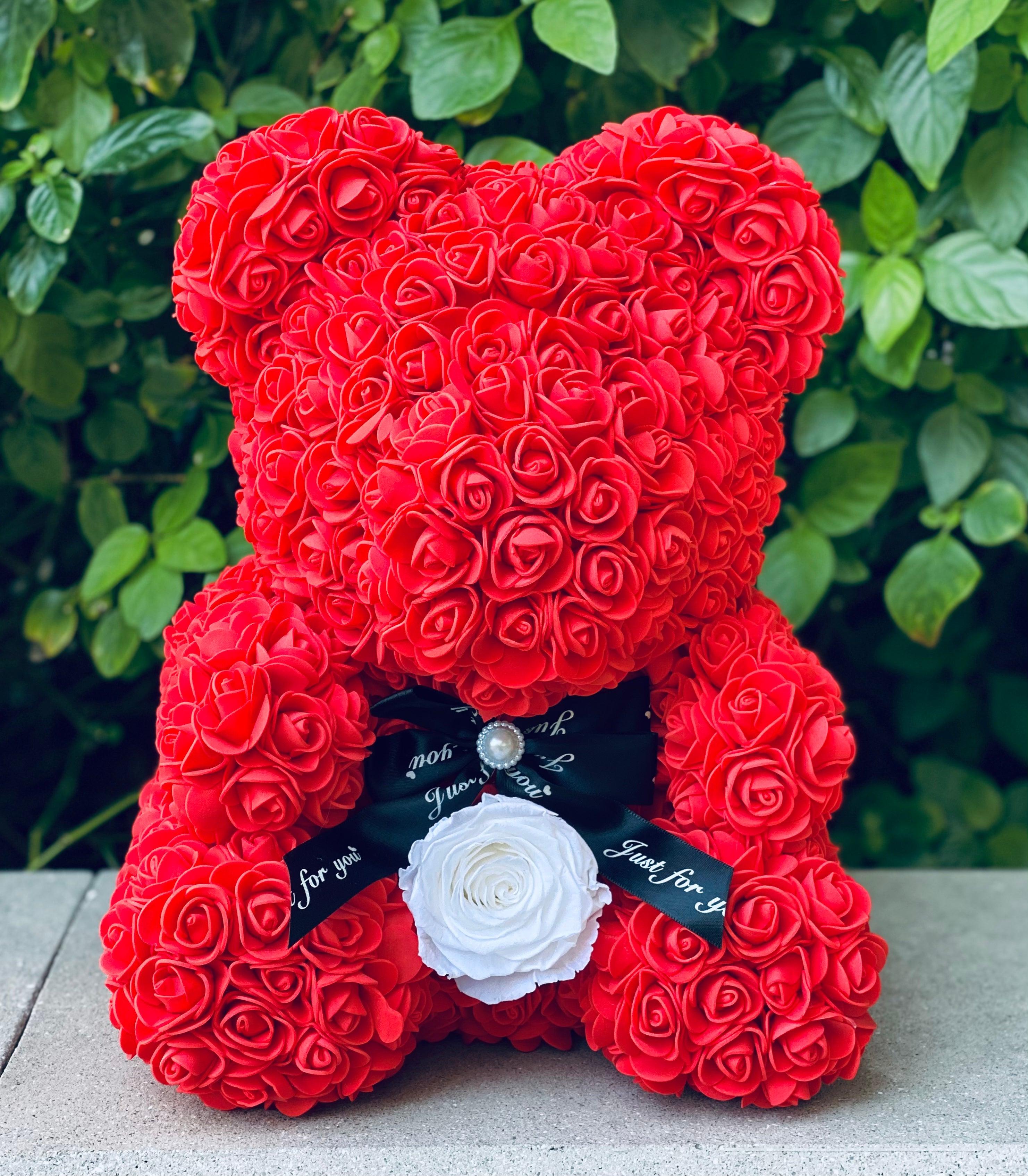 Medium Red Rose Bear - Flor De Lux