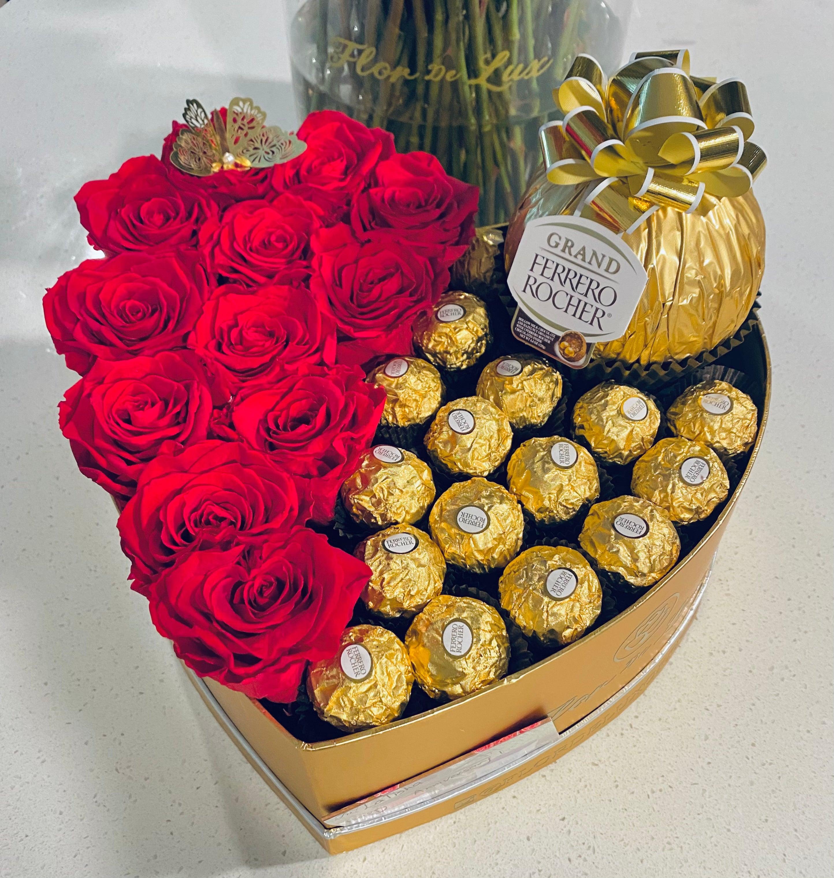 Medium Heart Gift Box - Preserved Roses & Ferrero Combo