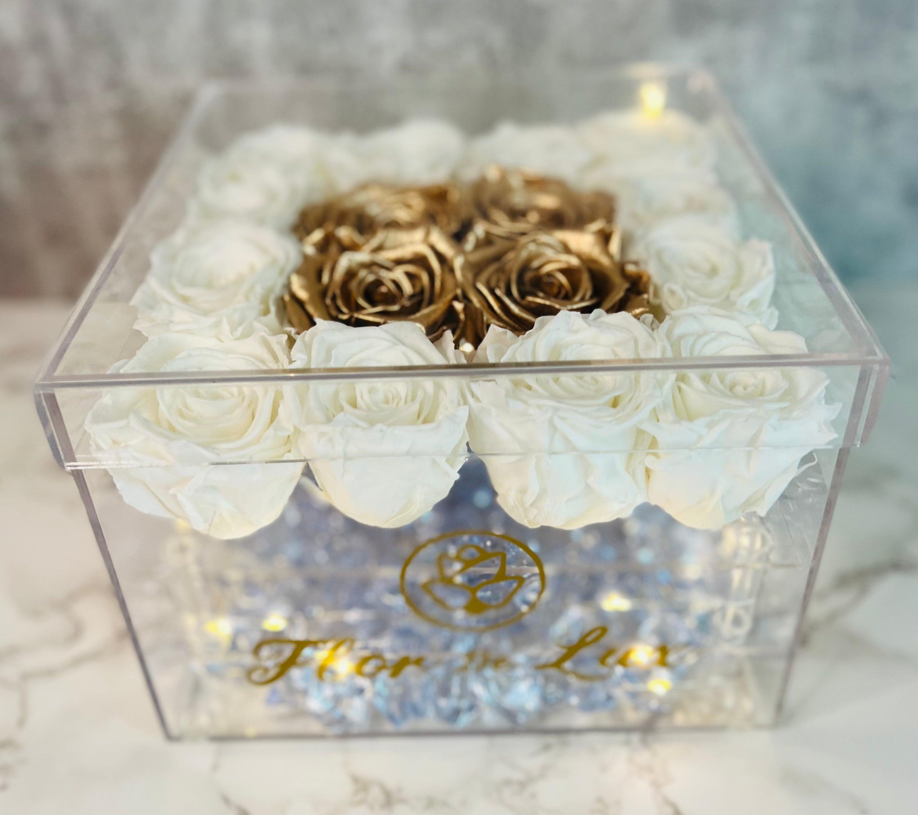 Medium Acrylic Square Box - Preserved Roses