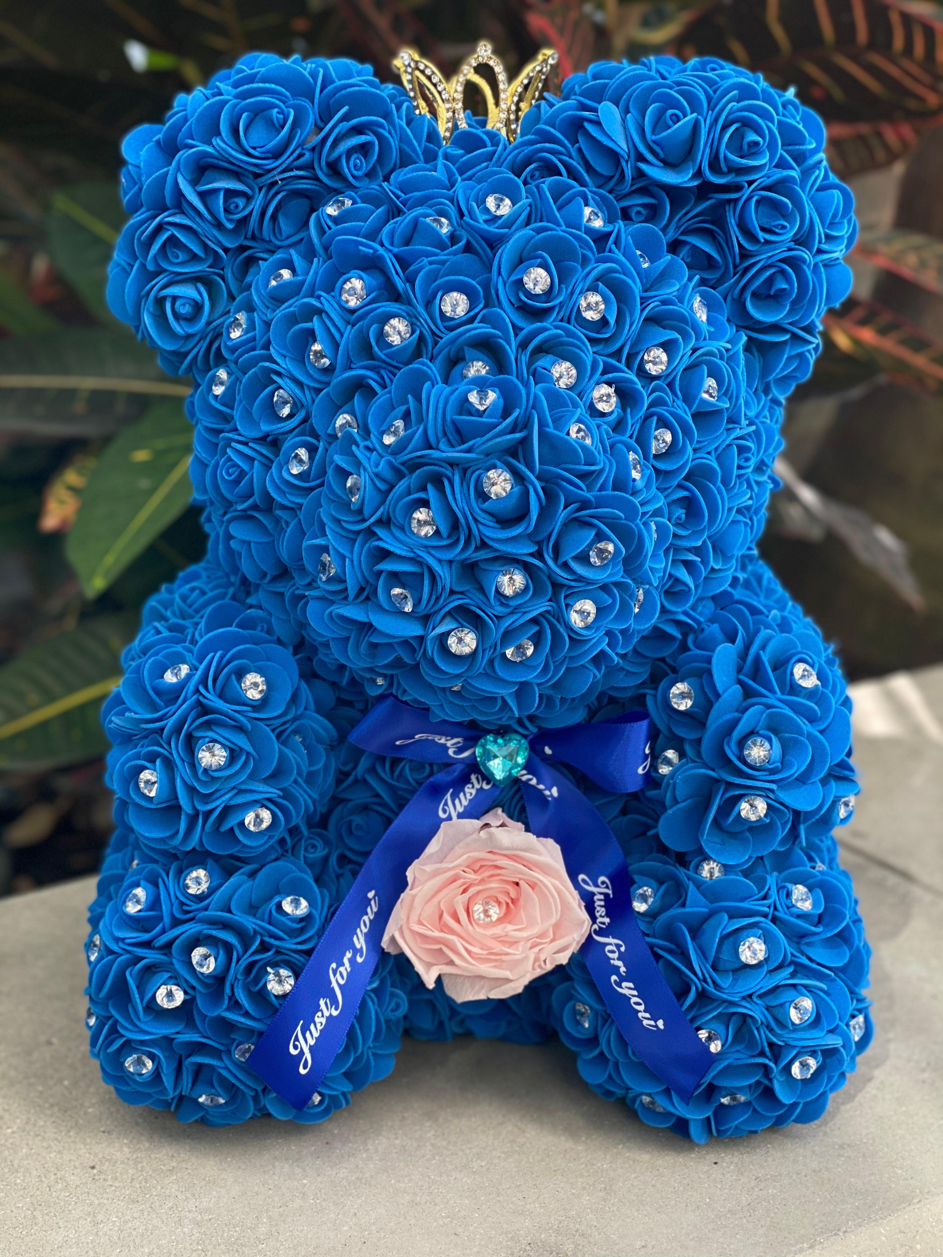 Medium Luxury Blue Rose Bear with Pearls - Flor De Lux