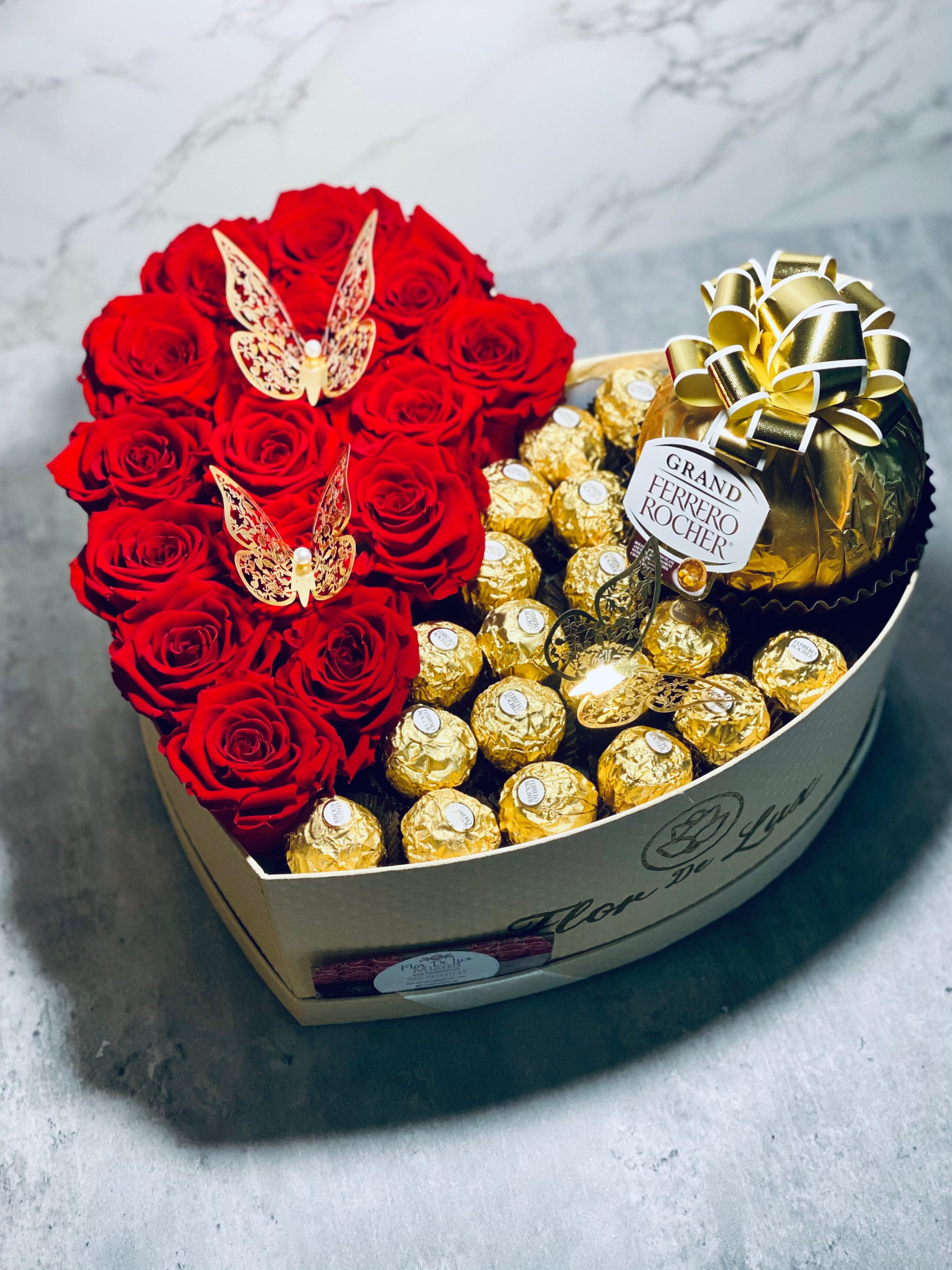 Large Heart Gift Box - Preserved Roses & Ferrero Combo