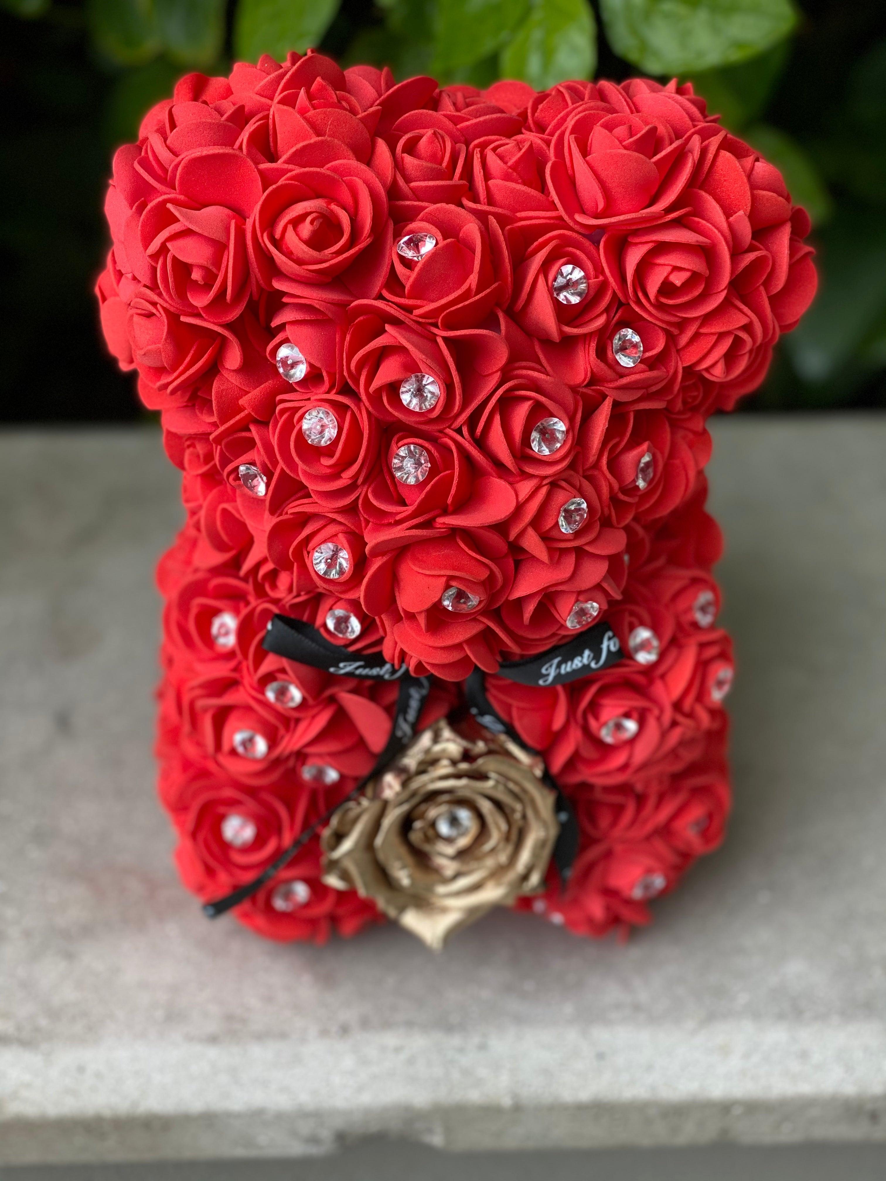 Small Luxury Red Rose Bear with Diamonds/Pearls - Flor De Lux