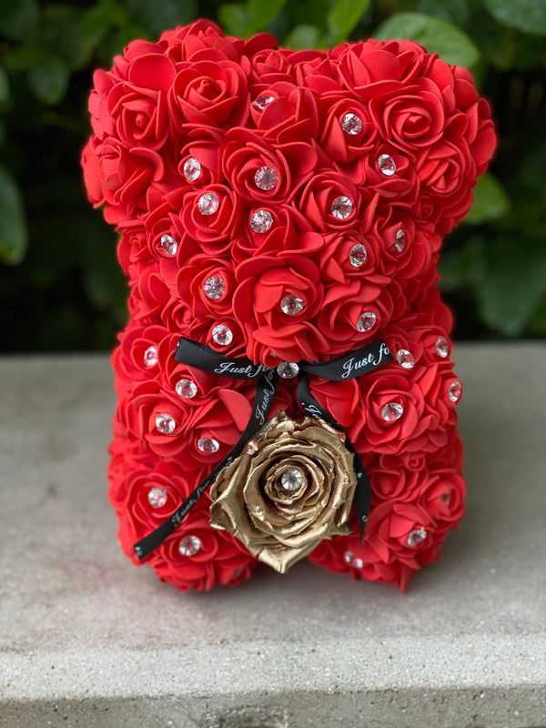 Small Luxury Red Rose Bear with Diamonds/Pearls - Flor De Lux