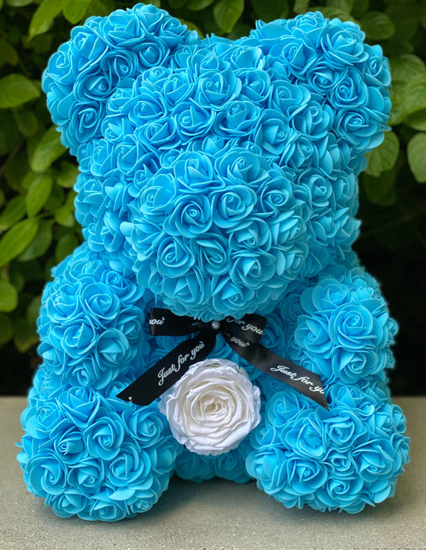 Medium Baby Blue Love Rose Bear - Flor De Lux