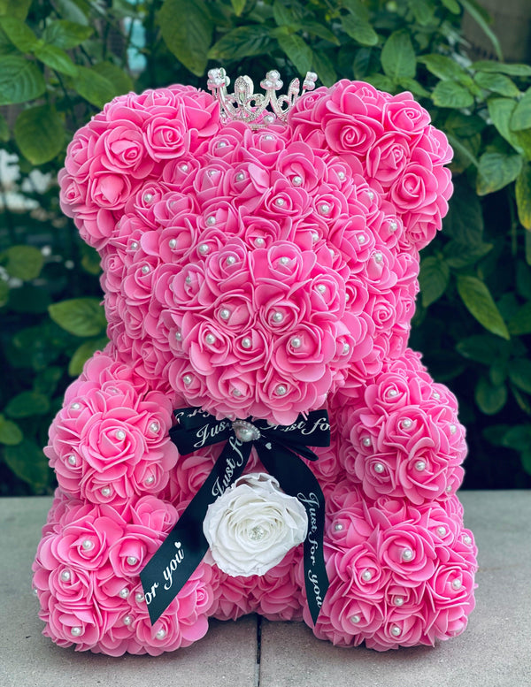 Medium Luxury Pink Rose Bear with Pearls - Flor De Lux