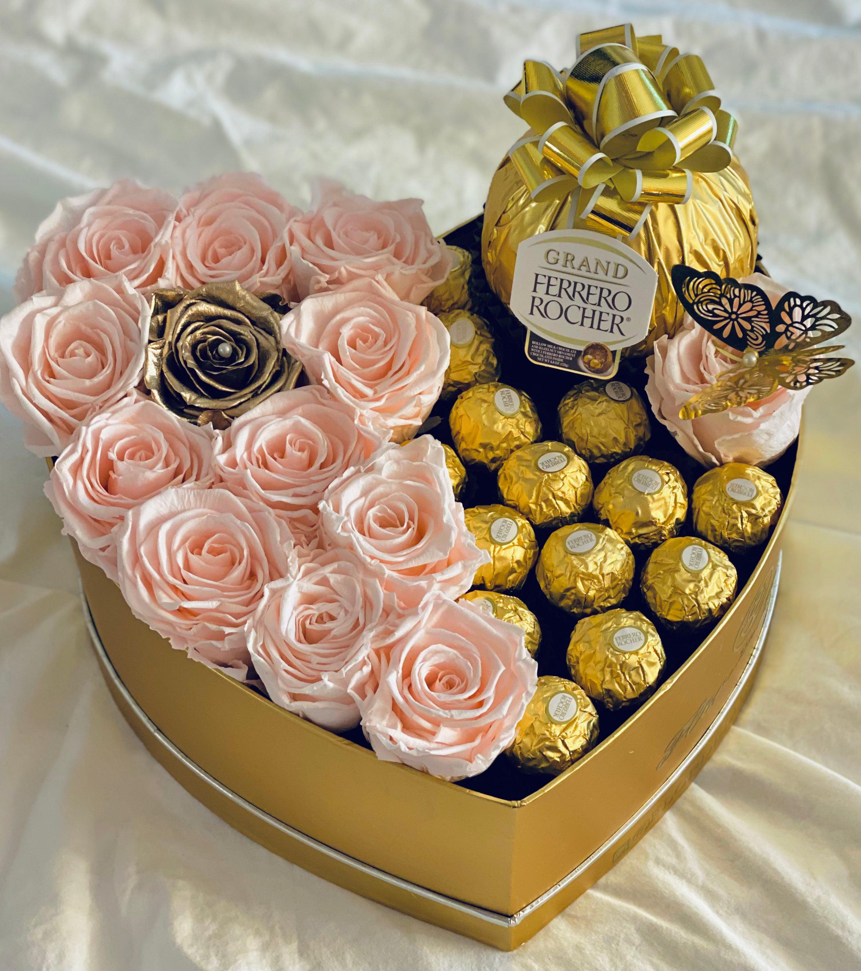 Medium Heart Gift Box - Preserved Roses & Ferrero Combo