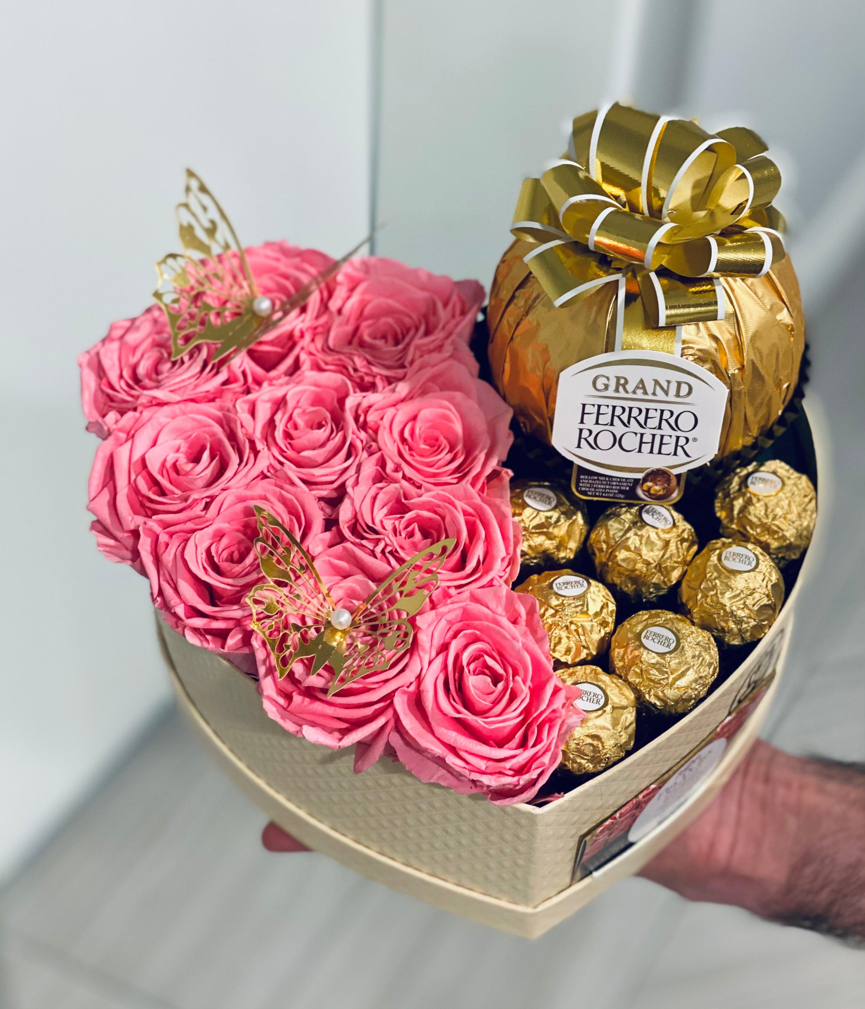 Small Heart Gift Box - Preserved Roses & Ferrero Combo - Flor De Lux