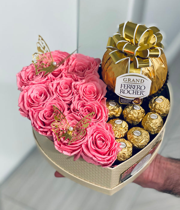 Small Heart Gift Box - Preserved Roses & Ferrero Combo