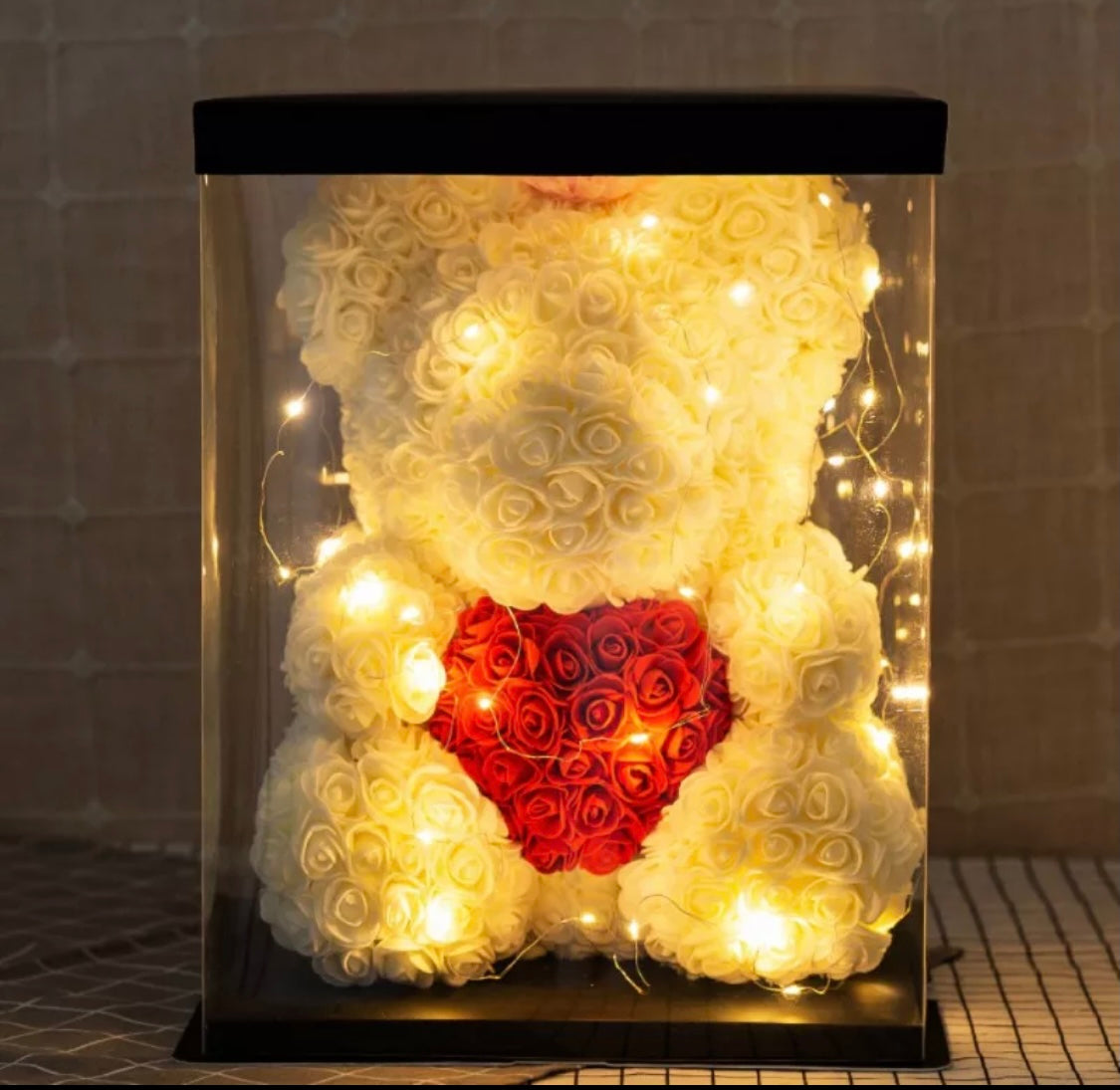 Medium White Love Rose Bear with LED