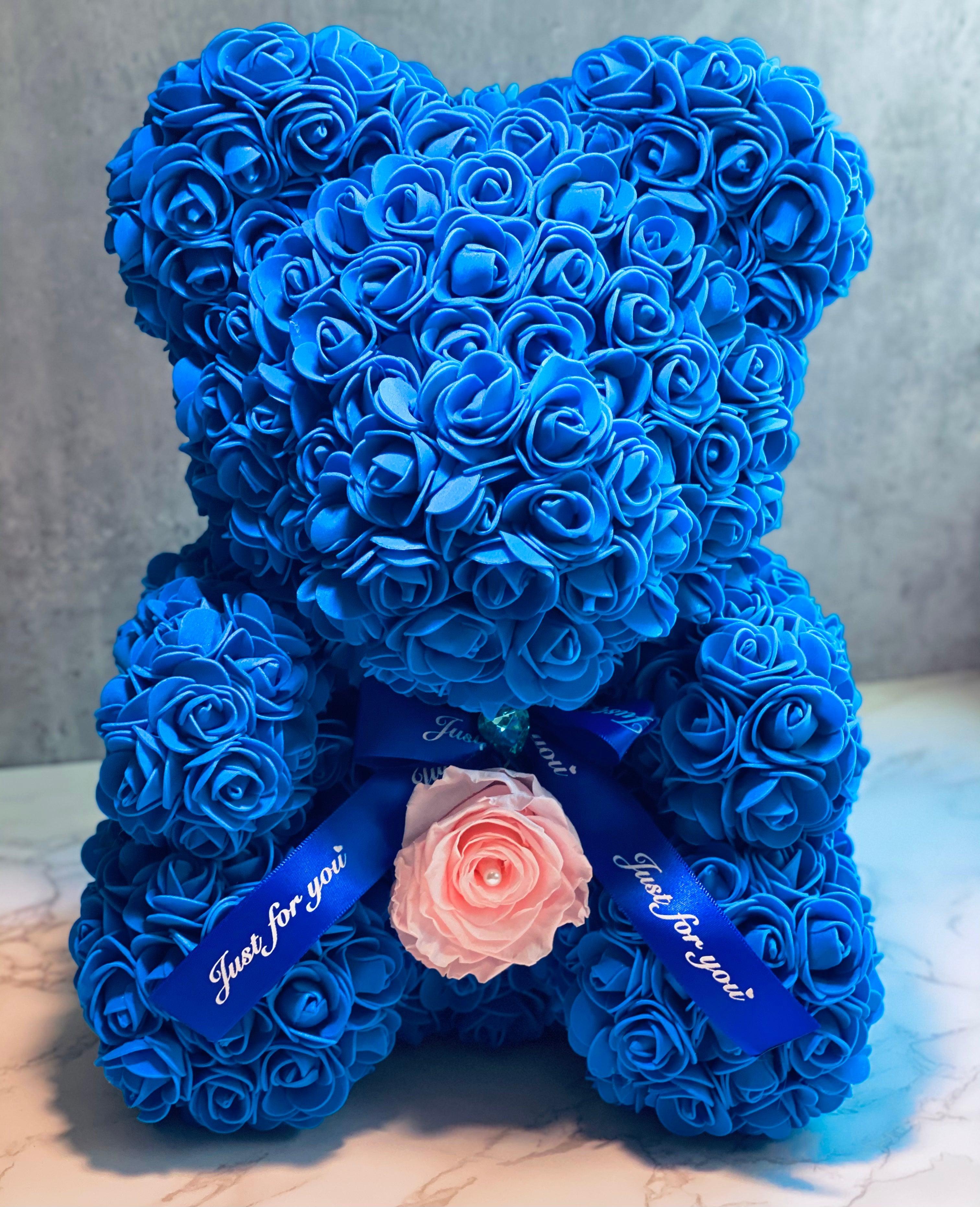 Medium Blue Rose Bear - Flor De Lux