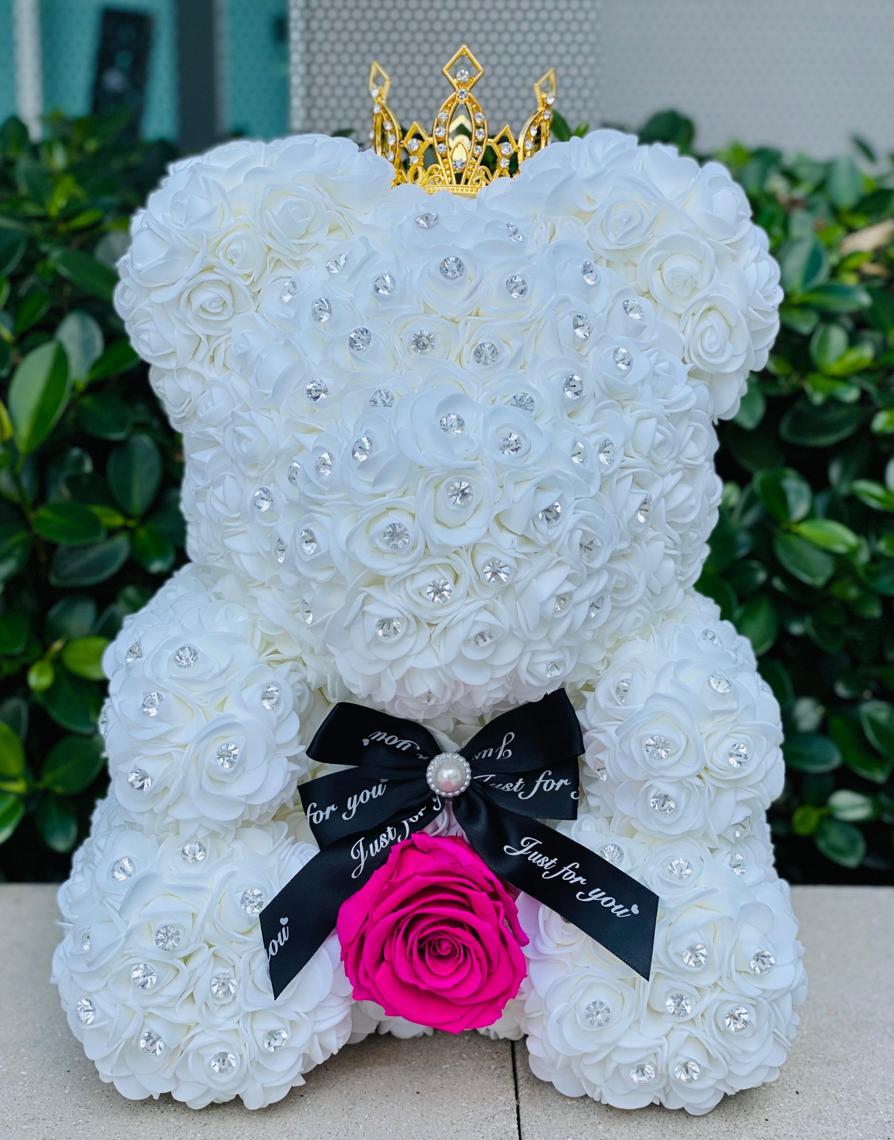 Medium Luxury White Rose Bear with Diamonds/Pearls